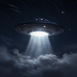 ufo dark night, star trails, dramatic light, fluffy clouds, digital painting, artstation, jaime jasso
