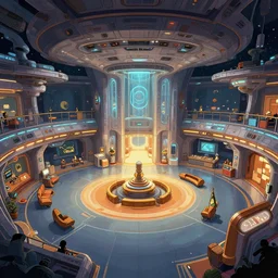 the main lobby on a large cruise spaceship, from a space themed point and click 2 d graphic adventure game, art inspired by tomb raider and thomas kinkade