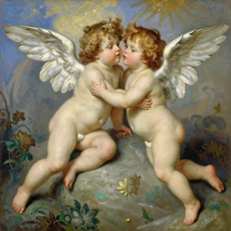 an idyllic scene of winged cherubs in the style of bouguereau, pastel colors, art nouveau, symbolism, oil on canvas, highly detailed, naturalism, magic