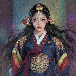 an concept art of the korean queen, long hair, makeup, intricate details, detailed face, detailed dress, one face, artstation, epic pose, colourful light, by rembrandt