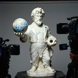 A marble statue of Ernest Khalimov also known as gigachad, depicted as AI engineer giving away AI to the world, dramatic camera angle, cinematic, 35mm, studio photography by Ross Tran and James Gurney