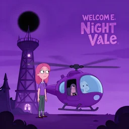 abigail larson, don bluth, purple color pallete, welcome to night vale, radio tower with black hole above it, helicopter, spooky strange weird quirky, cartoon, 2 d, chiral lighting