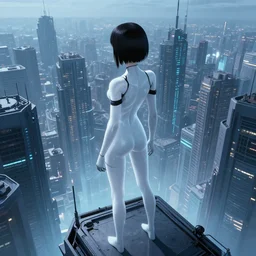 woman overlooking a cyberpunk city from the top of a skycraper, ghost in the shell, masamune shirow, color page tankoban, neon, futuristic, moody lighting, trending on pixiv, sharp focus, 4 k