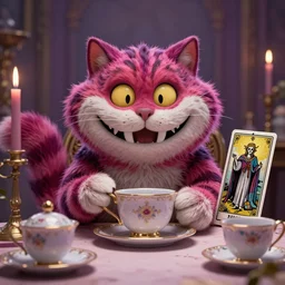 Cheshire Cat on a tea party,Death Tarot card,highly detailed,half skull face,cinematic,8k,by Stanley Artgermm,Tom Bagshaw,Greg Rutkowski,Carne Griffiths, Ayami Kojima, Beksinski, Giger,trending on DeviantArt,hyper detailed,horror, full of colour
