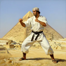 a portrait of an arabic style kung fu - fighter on top of a pyramid overlooking the ancient city painted by norman rockwell