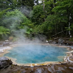 a photo of a dichroic hot spring nestled in a forest