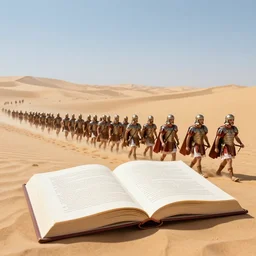a schoolbook image of the roman army marching through a desert.