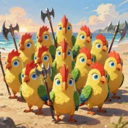 dungeons and dragons fantasy painting, close order phalanx of parrot sorcerers, 3 0 0, whimsical and cute, determined expressions, watery blue eyes, anime inspired, steel axes, dawn lighting, at the beach