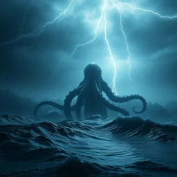 cinematic ， cthulhu walking through the sea, volumetric lighting ， mood lighting ， waves crashing, gloomy weather, cinematic shot ， lightning from above, volatile weather, chaos mysterious, ultra - realistic, super - resolution, ultra - hd, insanely detailed, super detailed ， rendered in maya