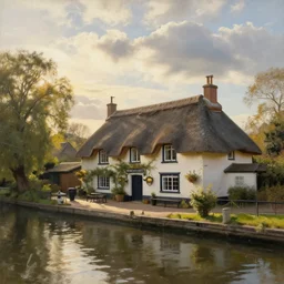 an olde english pub next to a canal, canalside, thatched roof, clouds, beautiful late afternoon, sun filtering through trees, sunshafts, oil knife painting