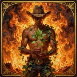 a beautiful dramatic epic ethereal symmetrical painting of a shirtless cowboy holding a green plant in his hands | he is dark skinned and wearing a cowboy hat and is draped in ivy | background is an epic flames fire conflagration | tarot card, art deco, art nouveau | by Mark Maggiori | trending on artstation