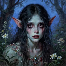 a beautiful but sinister and creepy young goblin man in layers of fear, with haunted eyes, violence in her eyes, 1 9 7 0 s, seventies, delicate embellishments, a little blood, woodland, blue dawn light shining on wildflowers, painterly, offset printing technique, by alexandre cabanel