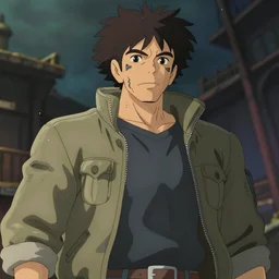 an epic anime of a man, big jacket, face tattoos, curly hair ghibli, unreal 5, octane render, rpg portrait, dynamic lighting, epic, epic anime, 2 d