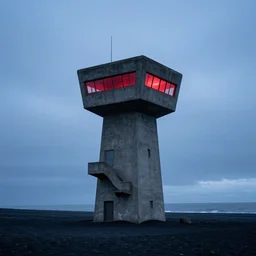 an old robust concrete brutalist observation tower from ww 2 with red light coming from inside. the tower stands in a icelandic beach, black sand beach, blue hour, cloudy day, by filip hodas, by jakub rozalski, by simon stalenhag, digital art, ( ( ( ( ( matte painting ) ) ) ) ), award winning, trending on artstation