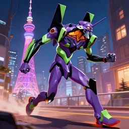 neon genesis evangelion style robot running inside tokio, hyper detailed, 4 k n - 4 s - 5 0