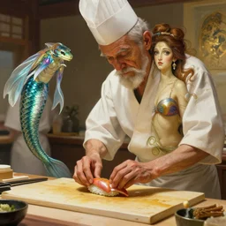 mermaid on table being prepared by old sushi master cook, highly detailed face!!!, dressed in bikini, extremely detailed!, digital painting, unreal engine 5, art by artgerm and greg rutkowski and alphonse mucha