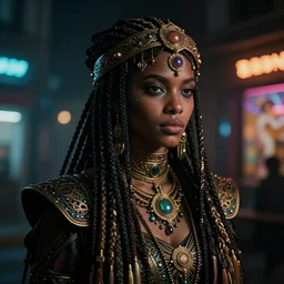 Cyberpunk rasta woman, dark atmosphere, cinematic shot, intricate, ornate, photorealistic, ultra detailed, realistic, 35mm, photography, neon, octane, high definition, depth of field, bokeh, 8k, artstation, (alphonse mucha), (hr giger)