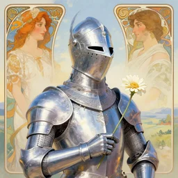 opalescent retrofuturistic digital airbrush illustration of a knight wearing an ornate chrome headpiece and holding a flower with a landscape and sky in the background by luigi patrignani and alphonse mucha and john currin