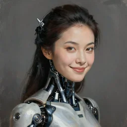 portrait painting of a female japanese cyborg android, beautiful, smirk, unreal render cinematic lighting art 1 9 2 0 period drama by bussiere rutkowski andreas rocha