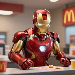 Iron Man working as a McDonalds cashier, macro, dramatic, artstation, 8k, HD