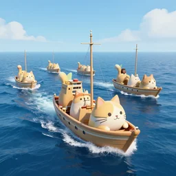 Fleet of ship shaped cats sailing over a blue ocean, Darek Zabrocki, Karlkka, Jayison Devadas, Phuoc Quan, trending on Artstation, 8K, ultra wide angle, pincushion lens effect.