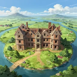 a beautiful detailed anime illustration of chattel house unfinished building by john constable, meadow atlantis fisheye gem architecture island, archdaily, wallpaper, highly detailed, trending on artstation.