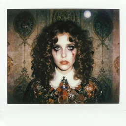 an instant photo of a beautiful but creepy girl in layers of fear, with haunted eyes and curly hair, wearing a vivienne westwood collar, 1 9 7 0 s, seventies, wallpaper, moorland, a little blood, moonlight showing injuries, delicate embellishments, painterly, offset printing technique, by mary jane ansell