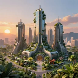 matte painting solarpunk cityscape plants highly detailed sunrise