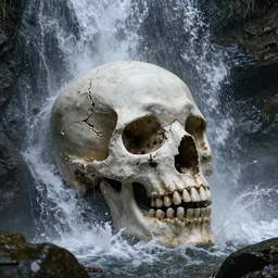 crumbling skull of a colossal ancient beast laying in a giant waterfall, by Andreas Rocha + Ted Nasmith, dark, epic, masterpiece, highly detailed, 8k resolution, trending on art station