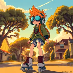 anime boy with massive headphones, spiky orange hair, goggles, rollerblades, cel - shading, 2 0 0 1 anime, flcl, jet set radio future, golden hour, neighborhood, trees, oak trees, suburban neighborhood, cel - shaded, strong shadows, vivid hues, y 2 k aesthetic, art by artgerm