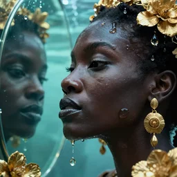 hyperrealistic precisionist cinematic profile very expressive! black oshun goddess, ophelia in water!, mirror dripping droplet!, gold flowers, highly detailed face, digital art masterpiece, smooth eric zener cam de leon, dramatic pearlescent turquoise light on one side, low angle uhd 8 k, shallow depth of field
