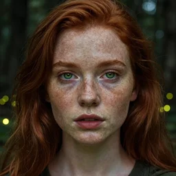 close-up portrait of a red-haired girl 20 years old with freckles, green eyes, natural beauty in a magical gloomy forest among fireflies, 35mm photo, high quality, 4K, 8K, realistic, perfect eyes, perfect face, beautiful, detailed, 8k resolution, Kodak 35mm