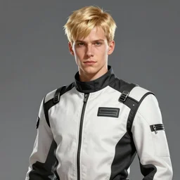 Portrait of a man by Greg Rutkowski, he is about 20 years old, west slav features, short blonde hair with bangs, attractive, smart looking, slim, somewhat androgenic, he is wearing a white and black utilitarian jumpsuit, highly detailed portrait, scifi, digital painting, artstation, concept art, smooth, sharp foccus ilustration, Artstation HQ