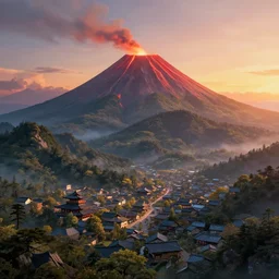 a powerful japanese village high in mountains, fanart artstation global illumination rtx hdr fanart arstation 3 d, volcano, sunset, concept art by moebius and laurie greasley, fantastic landscape, 8 k, cinematic color grading