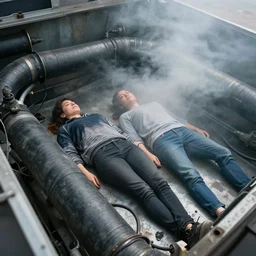 after a car accident, in the smoke, a man and a woman lying in the metal and connected to large black pipes