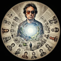 Neil Young design, character sheet, kim jung gi, moebius, Greg Rutkowski, Zabrocki, Karlkka, Jayison Devadas, Phuoc Quan, trending on Artstation, 8K, ultra wide angle, zenith view, pincushion lens effect