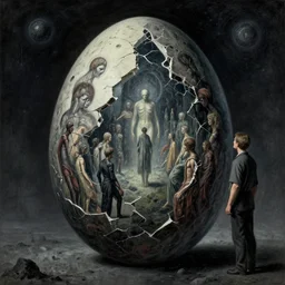 The Cracked Cosmic Egg Full of People by Zdzisław Beksiński, caretaker, eldritch, cosmic horror, darkwave, concept by Alastair Reynolds