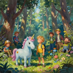 a mixed media painting of a forest setting with a boy and his pet blue unicorn, by simon stalenhag, frank frazetta, greg rutkowski, beeple, yoko taro, christian macnevin, beeple, wlop and krenz cushart, epic fantasy character art, volumetric outdoor lighting, midday, high fantasy, cgsociety, cheerful colours, full length, exquisite detail, post - processing, masterpiece, cinematic