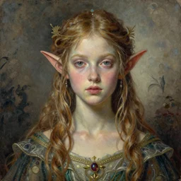 surreal, fantasy character portait, wide angle, ultra realistic, intricate details, female elfling, highly detailed oil on watercolor wood block print by gaston bussiere, craig mullins, j. c. leyendecker 8 k