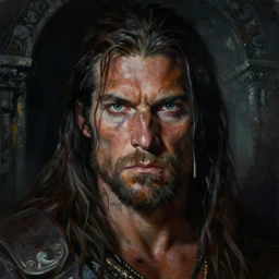 a highly detailed painting of a rugged barbarian with piercing eyes, dimly lit dark tomb by boris vallejo