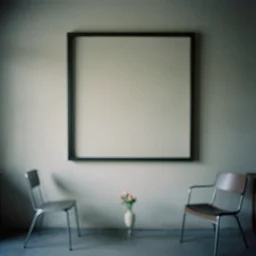 kodak portra 4 0 0, flashlight, muted colours, 1 9 2 0 s style, long shot, photo of a room with concrete walls and a large large square square picture frame, tiny gaussian blur, haze, depth of field, 1 9 6 0 s metal furniture, small flower vase