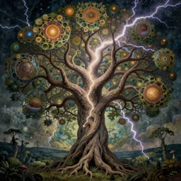 tree of life by roger dean and andrew ferez, art forms of nature by ernst haeckel, divine chaos engine, symbolist, visionary, art nouveau, botanical fractal structures, lightning, surreality, lichtenberg figure, daniel merriam