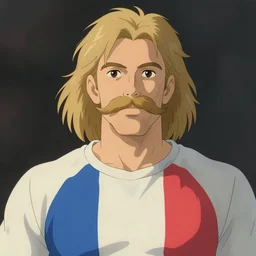 massive blond athlete with mustache, he french flag printed on a white shirt, art by studio ghibli and j. c. leyendecker and greg rutkowski and artgerm and ilya kuvshinov, portrait, d & d, fantasy, highly detailed, digital painting, headshot, trending on artstation, concept art, sharp focus, illustration
