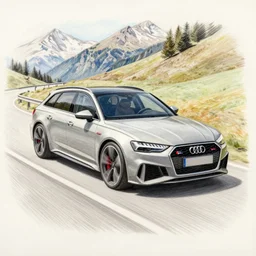 audi rs 6 driving on a road in the alps, color pencil drawing