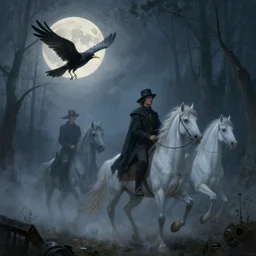 happy full moon! 🌕✨, by anne stokes and kaja foglio, the ghostly horsemen ride through the misty forests in eternal silence, a black bird with a yellow beak, by esao andrews, steampunk heaven, by michael komarck and john howe, lovecraftian, fantasy art, artstation hd, d & d, detailed painting, i dream of the machine