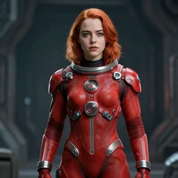 portrait of teenage emma stone wearing red futuristic spacesuit, sci fi art, 8 k digital art, unreal engine, in the style of greg simkins and h. r. giger,