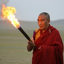 dalai lama holding a flamethrower