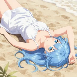 a girl with light blue eyes, light blue hair in a white nightgown lies on the sand on the beach, anime style, high quality, 4 k digital art,