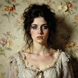 a baroque painting of a beautiful but serious woman in layers of fear, with haunted eyes and dark hair piled on her head, 1 9 7 0 s, seventies, floral wallpaper, wilted flowers, a little blood, morning light showing injuries, delicate ex embellishments, painterly, offset printing technique