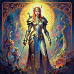 imogen poots, paladin, gloomhaven, organic painting, hard edges, psychedelic, art nouveau, ray tracing, volumetric, depth of field, luminescent, octane render, by greg manchess, huang guangjian, gil elvgren, sachin teng, greg rutkowski, jesper ejsing, rhads, ilya kuvshinov